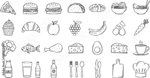 Food and Drink Black and White Line Art Icons Set. Hand-drawn Culinary Doodle Collection of Various Meal Ingredients, Bakery Items, Fresh Produce, Beverages, and Kitchen Utensils Outline Sketch.