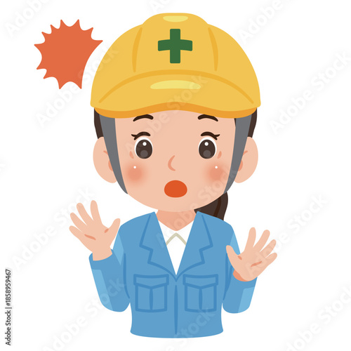 驚く作業服を着てヘルメットを被った女性　上半身イラスト／Surprised woman wearing work clothes and a safety helmet, upper body illustration