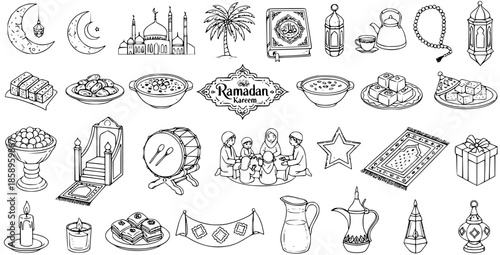 Ramadan Kareem Islamic Line Art Icons Set: Mosque, Dates, Food, Prayer Mat, Lanterns, Holy Book, Candle, Tea Set, Gifts, Star, Drum, Children, Crescent Moon