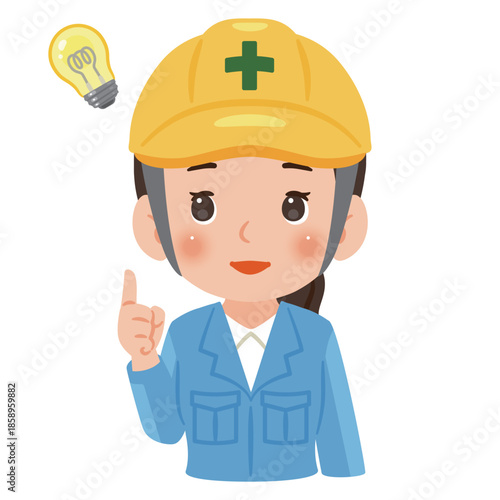 閃く作業服を着てヘルメットを被った女性　上半身イラスト／Woman wearing work clothes and a safety helmet having an idea, upper body illustration