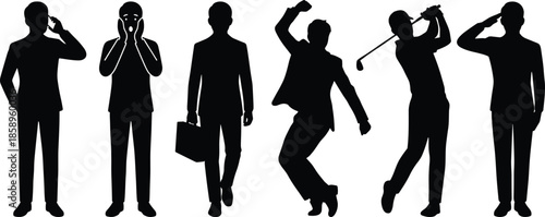 Business Men Silhouettes Showing Emotions Work Stress Celebration Golf Swing and Phone Call Isolated Black Professional Concept Illustration