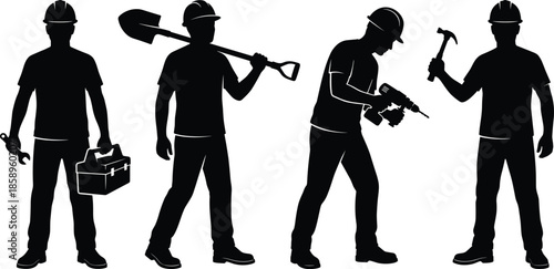 Construction worker silhouettes holding tools isolated on white background representing skilled labor workforce industry safety teamwork concept