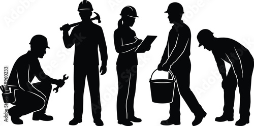 Construction worker silhouettes in different working poses isolated on white background representing teamwork skilled labor workforce industry safety