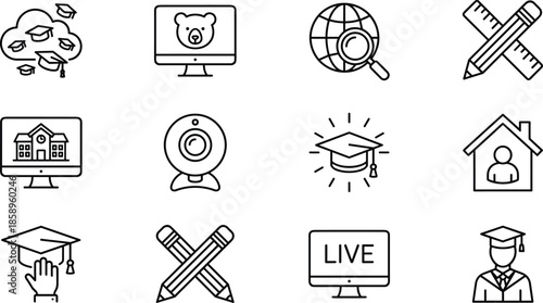 Online education and digital learning line icons set showing live classes, graduation, virtual school, study tools, global knowledge concepts