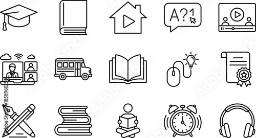 Online education learning icons set for e learning courses books video classes study tools school university illustration design vector outline