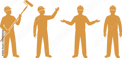 Construction Worker Silhouettes Set Wearing Helmets with Tools and Gestures Isolated Orange Professional Labor Industry Concept Illustration