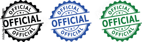 Official stamp icons, certification seal vector, approval badge, black blue green design, authenticity symbol, formal label, document branding graphic