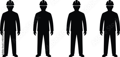 Construction worker silhouettes standing in uniform isolated on white background representing workforce industry safety labor teamwork concept