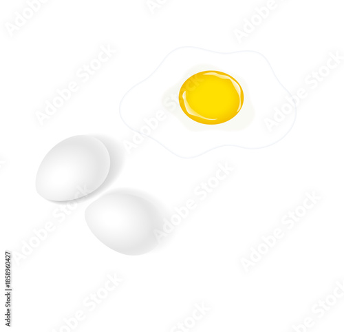 A fried egg and two white eggs on a clean white background