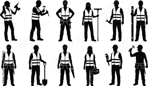 Construction Workers Silhouette Set Wearing Safety Vests Using Tools Isolated Black Professional Labor Industry Workforce Illustration