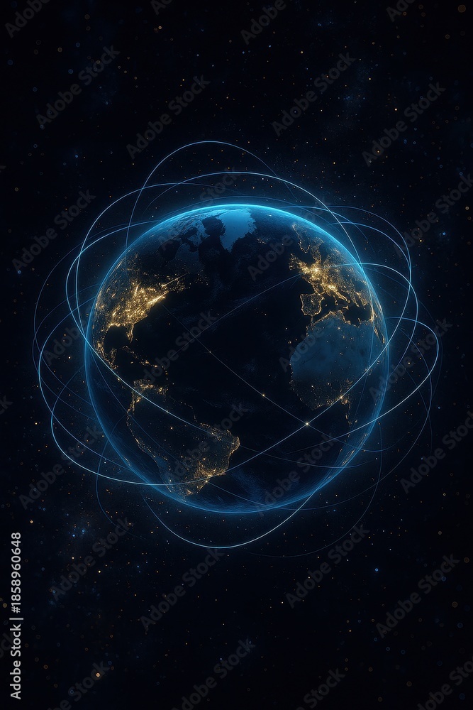 Fototapeta premium Luminous global web of light strands wrapping around a dark planet, symbolizing hyperconnected communication networks, secure data exchange and worldwide unity in technology