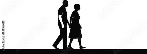 Elderly couple walking together silhouette isolated on white background representing senior lifestyle companionship love retirement health concept