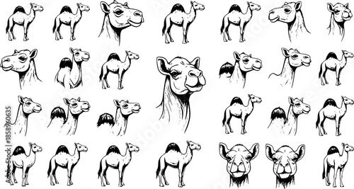 Collection of Black and White Hand Drawn Camel Illustrations - Desert Animals and Wildlife Line Art Vector Set