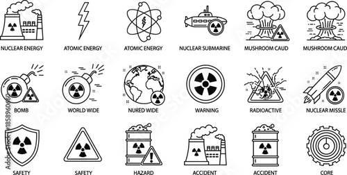 Nuclear energy icon set, atomic power, safety, hazard, submarine, bomb, radioactive, accident, minimal line style, vector symbols