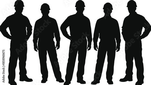 Group of construction worker silhouettes standing together isolated on white background representing teamwork workforce industry safety labor concept