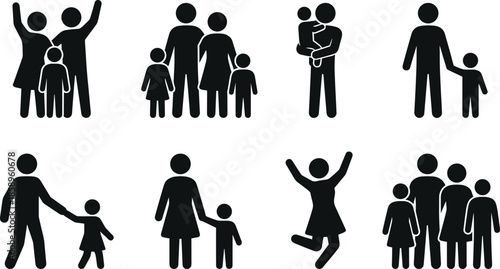 Family Silhouette Icon Set Showing Parents Children Love Care and Togetherness Isolated Black Human Relationship Concept Illustration