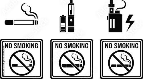 No smoking and vaping prohibition icons set featuring cigarette e cigarette warning signs health safety vector illustration collection