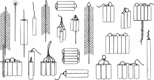Pyrotechnics and Explosives Black  White Line Art Collection: Various Firecrackers, Sparklers, and Bundled Explosive Devices for Celebration, Danger, and Holiday Concepts.