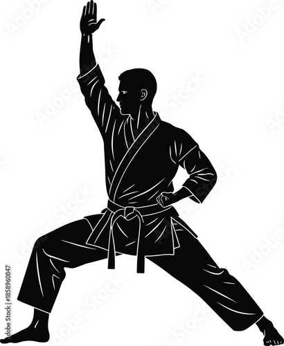 Martial artist karate silhouette performing powerful stance isolated on white background representing discipline strength self defense martial arts concept