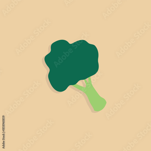 Minimalist flat vector illustration of a fresh green broccoli floret isolated on a tan background