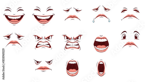 Various facial expressions and emotions depicted through cartoon mouth and eye illustrations