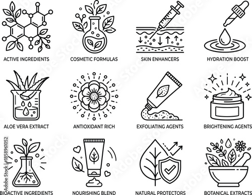 Natural skincare ingredients line icons set featuring cosmetic formulas hydration antioxidants botanical extracts clean beauty concept wellness dermatology organic illustration