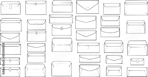 Business and Office Communication Envelopes - Vector Line Art Collection of Various Mail and Stationery Styles in Black and White Outline Graphics