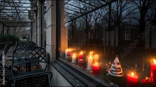 Candlelit window scene with outdoor view at dusk