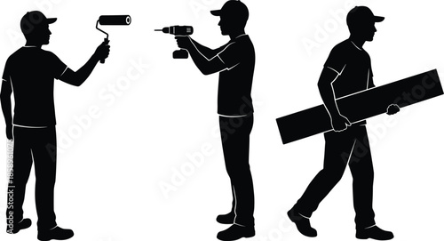 Silhouette of Construction Workers Using Tools Painting Drilling and Carrying Materials Isolated Black Professional Labor Concept Industry Work Illustration