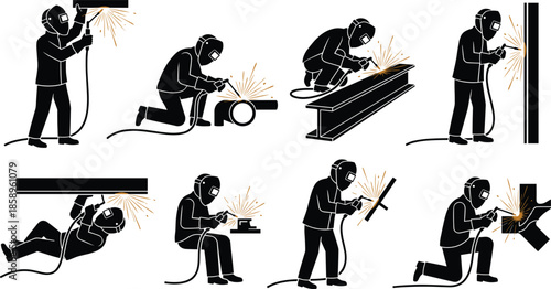 Welding Workers Silhouette Set Showing Industrial Metal Welding Actions with Sparks Isolated Black Manufacturing Construction Safety Concept Illustration