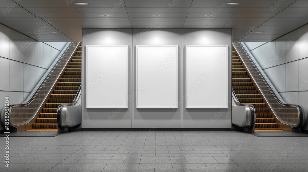 Fototapeta premium Blank poster mockup in metro station Three big vertical. portrait orientation blank poster with metro escalator background