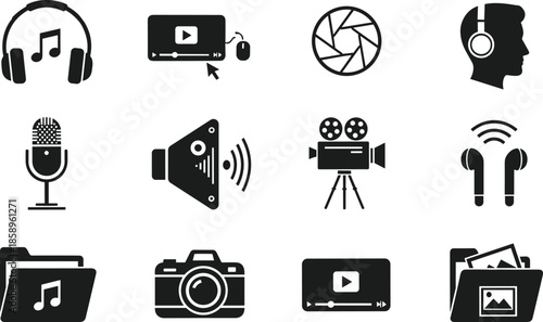 Multimedia icons set featuring audio video photography symbols, music headphones microphone camera player interface, black solid vector collection design illustration