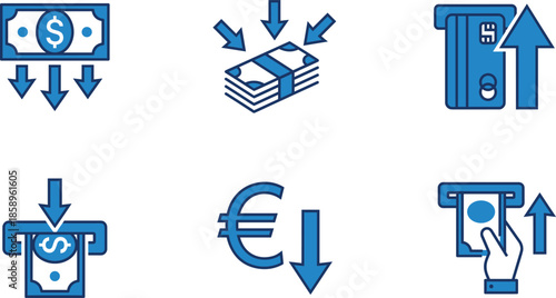 Finance money transaction icons set, cash flow, payment, withdrawal, deposit, currency exchange symbols, blue outline vector illustration, ui, design, pack