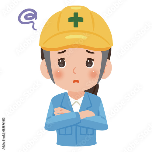 困る作業服を着てヘルメットを被った女性　上半身イラスト／Troubled woman wearing work clothes and a safety helmet, upper body illustratio