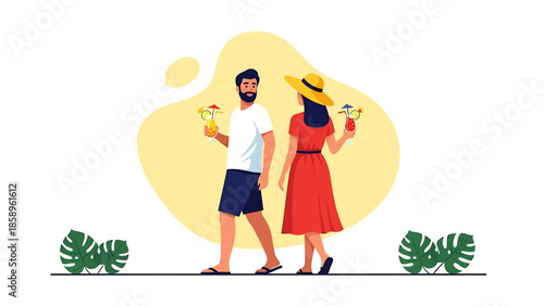 Couple enjoying drinks on a sunny day.