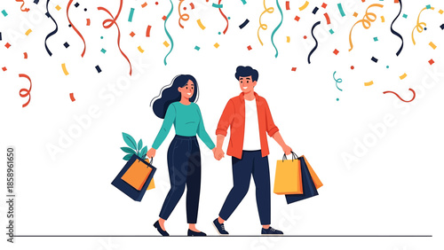 Couple holding hands with shopping bags under confetti.