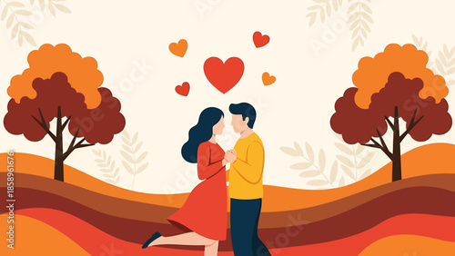 Couple in love embracing under hearts and autumn trees.