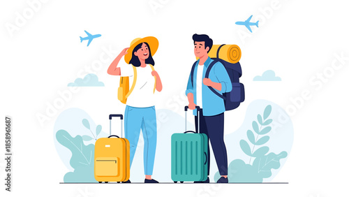 Couple ready for travel with luggage and backpacks.