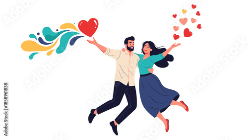 Joyful couple celebrating love with hearts and colors.