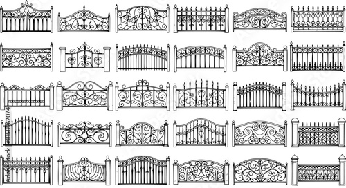 Black and White Line Art Vector Collection of Decorative Wrought Iron Fence and Gate Designs for Architecture and Design