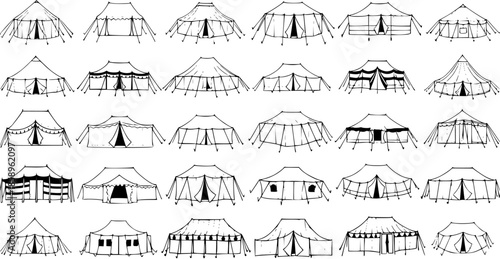 Diverse Collection of Camping and Historical Tents Line Art Illustration. Black and White Hand-Drawn Outline Set for Outdoor Adventures, Events, and Travel Shelter Designs.