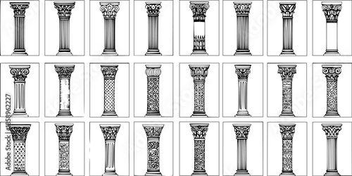 Black and White Line Art Illustration Set: Historical Architectural Columns, Pillars, and Classical Orders. Ideal for History, Education, Design, and Construction Concepts.