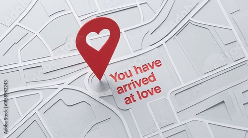 Paper cut map art with a red heart location pin and message You have arrived at love, representing the search and discovery of love in life