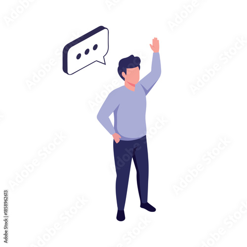 A man with his hand raised in a greeting gesture, with a speech bubble above his head.