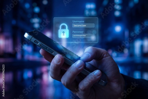 Hand holding smartphone with holographic login screen and padlock icon for cybersecurity concept