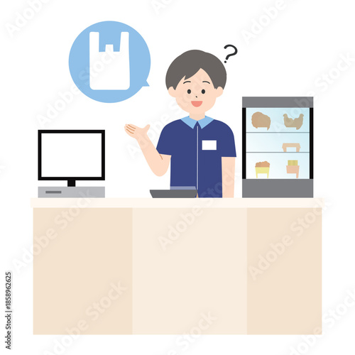 コンビニのレジでレジ袋の要否を確認する男性店員