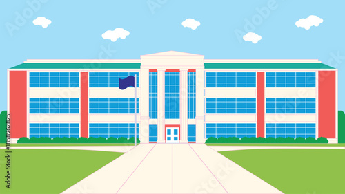 Flat vector illustration of a modern academic or office building featuring large blue windows, white columns, and a flag. Ideal for university, high school, and education projects