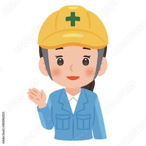 案内する作業服を着てヘルメットを被った女性　上半身イラスト／Woman wearing work clothes and a safety helmet guiding or pointing, upper body illustration