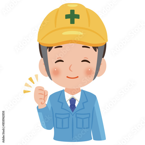 作業服を着てヘルメットを被った笑顔の男性　上半身イラスト／Smiling man wearing work clothes and a safety helmet, upper body illustration