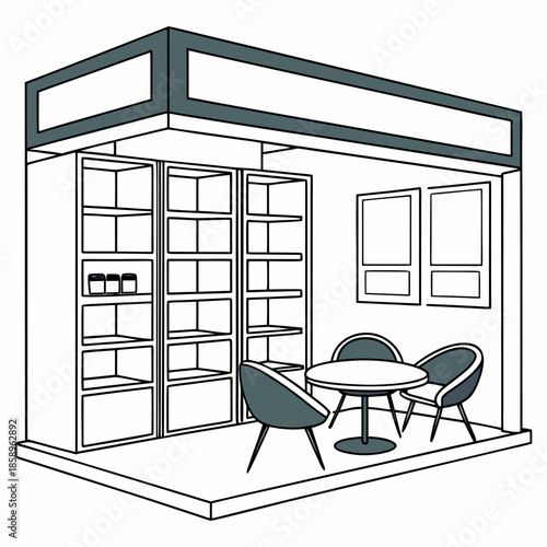 Modern home office with bookcase and seating area